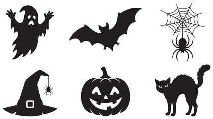 Fototapeta premium Halloween Silhouette Elements Set – Spooky Bat, Witch, Pumpkin, Spider, Ghost, Raven & Cauldron Vector Icons