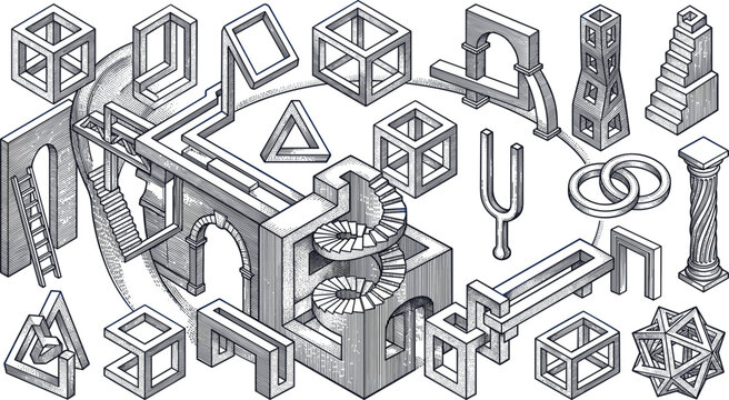 Impossible optical illusion geometry vector set with Penrose triangle Escher stairs paradox cube architectural structures collection