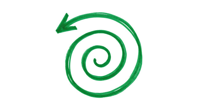 Green hand-drawn spiral arrow rotates in a counter-clockwise direction on a plain gray background.