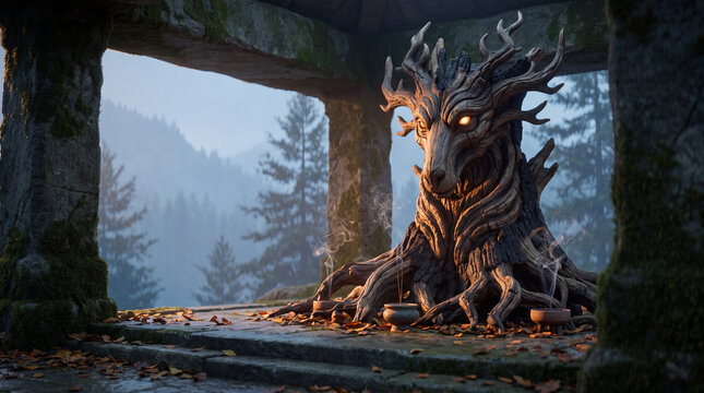 Mystical tree guardian in a moss-covered forest stone shrine