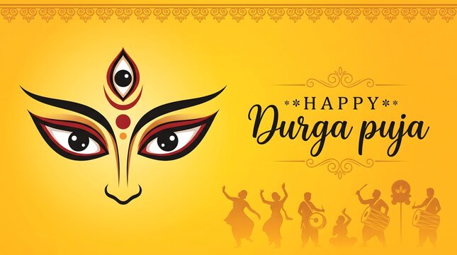 Happy durga puja festival poster with silhouettes traditional dancers