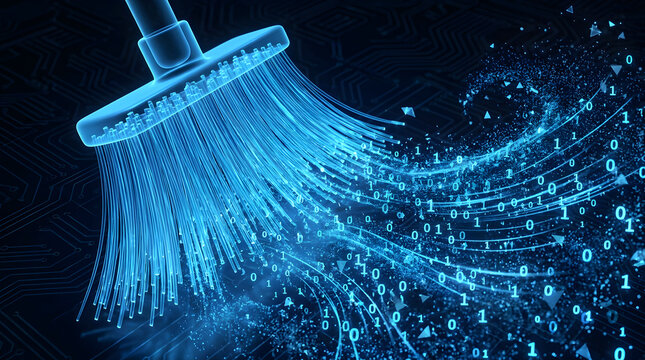 Abstract Digital Broom Sweeping Glowing Binary Code Data Stream | Cyber Security Data Cleaning And System Maintenance Concept | Futuristic Digital Data Cleanup Cleaning Tech Binary Code