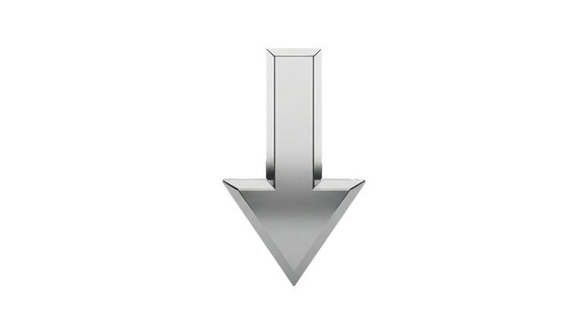 Polished silver 3D down arrow icon is centered on a light grey background for professional graphic design use.