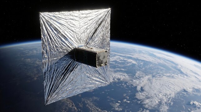 Space Debris Concept, Cubesat Deploying A Large Square Drag Sail In Low Earth Orbit