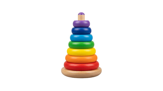 This vibrant rainbow colored wooden ring stacker toy helps with early childhood development and motor skills.