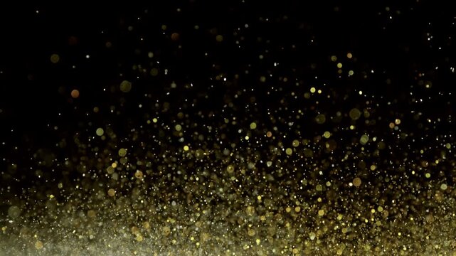 Abstract golden glitter particles flying through the air in super slow motion on a black background, captured at 1000 fps to reveal intricate movement, sparkle, texture, and dynamic detail