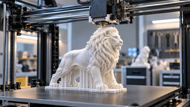 3D Printer Creating Detailed White Lion Sculpture with Support Structures in Modern Additive Manufacturing Workshop