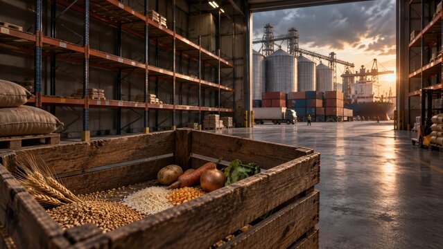Food Supply Shortage and Distribution Crisis in Nearly Empty Warehouse at Global Shipping Port