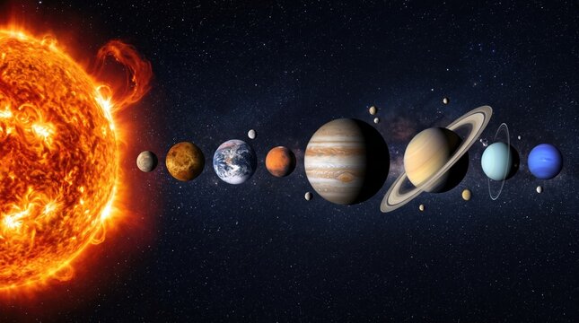 A stunning visual representation of our solar system showcasing the planets aligned with the radiant and energetic sun
