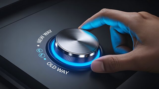 Hand turning a control dial toward new and old way settings representing change, choice and progress