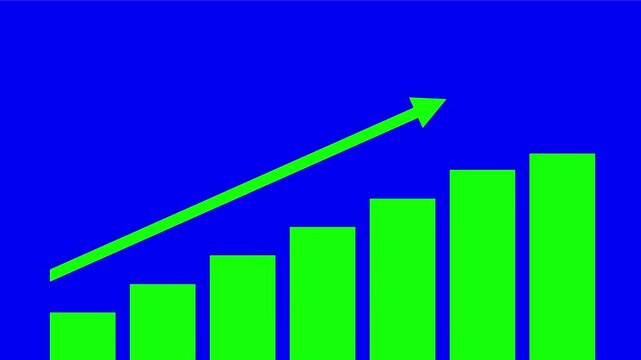 minimalist green business graphic bar and rising arrow isolated on blue screen. increase growth bar animation. simple animation graphic.