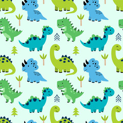 Cute dinosaur vector seamless pattern with stylized trees and plants on light mint green background for nursery decor, baby apparel, and wallpaper. © jintana