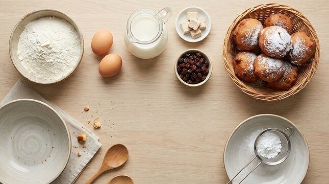 Top view of baking ingredients and tools like flour eggs berries and wooden spoons on a table. Oliebollen recipe