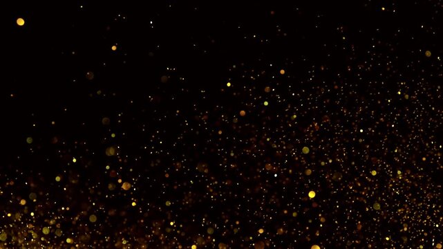 Abstract golden glitter particles flying through the air in super slow motion on a black background, captured at 1000 fps to reveal intricate movement, sparkle, texture, and dynamic detail