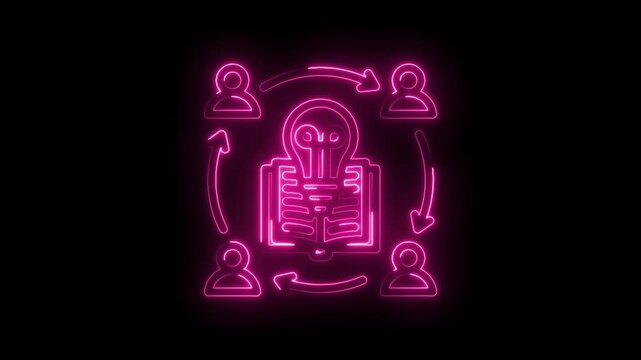 Neon glowing book with lightbulb idea and people icons in circular flow representing knowledge