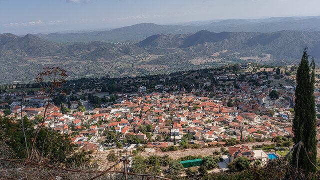 View of Pano Lefkara, a picturesque mountain village, located at the foot of the Troodos Mountains, as seen from Sotiras Hill, the peak rising directly above the village, Larnaca province, Cyprus