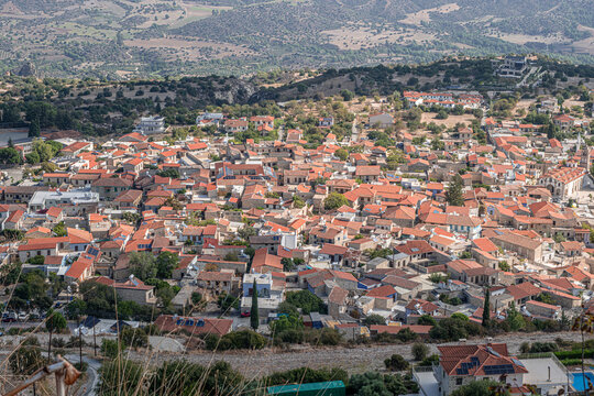 View of Pano Lefkara, a picturesque mountain village, located at the foot of the Troodos Mountains, as seen from Sotiras Hill, the peak rising directly above the village, Larnaca province, Cyprus