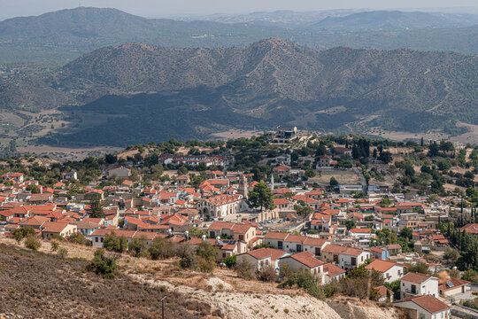 View of Pano Lefkara, a picturesque mountain village, located at the foot of the Troodos Mountains, as seen from Sotiras Hill, the peak rising directly above the village, Larnaca province, Cyprus