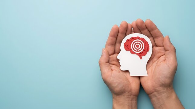 Hands holding human head cutout with red brain for world stroke day
