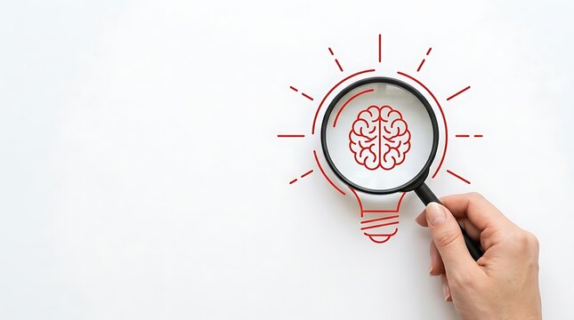 Magnifying glass over a brain icon inside a light bulb sketch