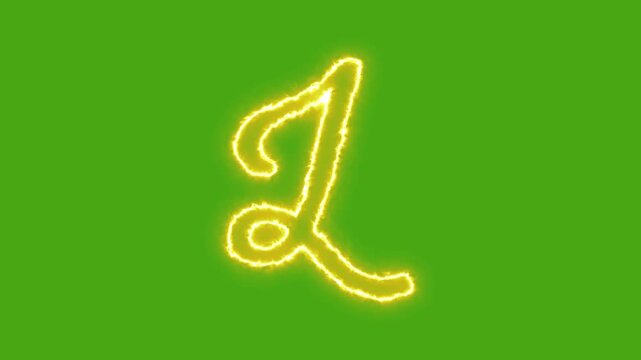 Glowing neon letter l animation, golden script alphabet character on green screen background