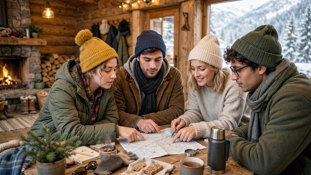 Group travel, friends sharing a map and planning their route inside a cozy mountain lodge, winter wear