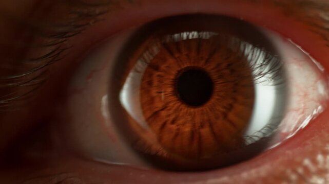 Extreme macro close-up of a brown human eye naturally blinking, revealing detailed iris patterns, eyelashes, reflections, and realistic eye movement in sharp focus.