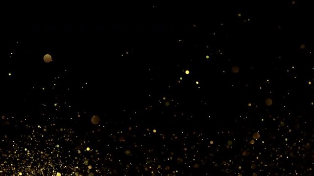Abstract golden glitter particles flying through the air in super slow motion on a black background, captured at 1000 fps to reveal intricate movement, sparkle, texture, and dynamic detail