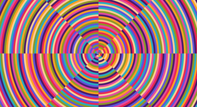 Vibrant psychedelic background made of colorful concentric circles. Vector illustration.