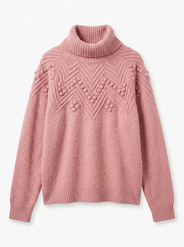 Knitted sweater apparel fashion clothing pink wool turtleneck pullover soft winter wear flat lay top view isolated