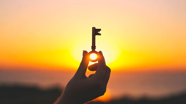 Hand holding a key against a golden sunset representing home, opportunity, success and new beginnings