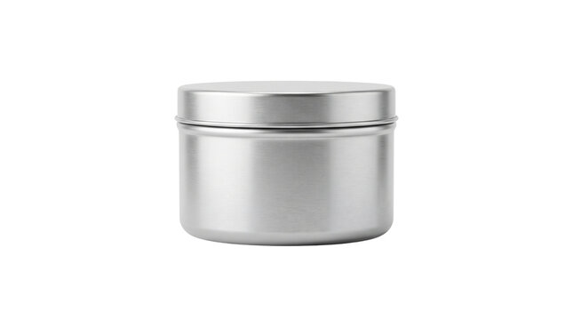 Brushed aluminum tin jar with lid, matte silver metal canister for cosmetic packaging, blank round steel container for candle or cream isolated PNG with Transparent Background