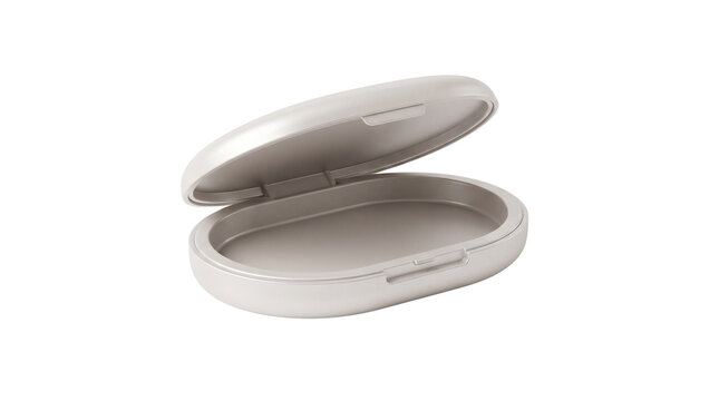 Minimalist matte silver charging case for wireless earbuds, sleek metallic storage container for portable electronics, open oval protective accessory box isolated PNG with Transparent Background