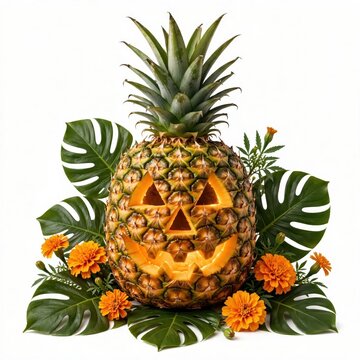 Carved pineapple jack-o'-lantern with glowing face, surrounded by tropical monstera leaves and vibrant orange marigold flowers, festive autumn holiday seasonal decor