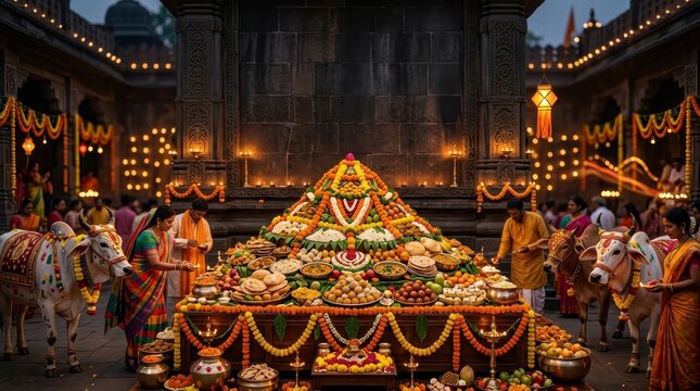 Govardhan Puja celebration with food offering and cows