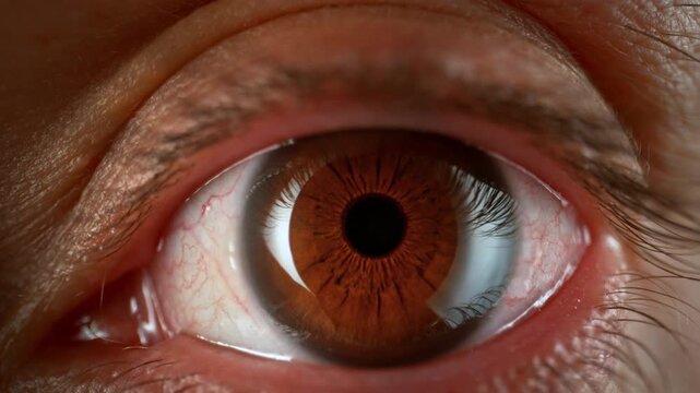 Extreme macro close-up of a brown human eye naturally blinking, revealing detailed iris patterns, eyelashes, reflections, and realistic eye movement in sharp focus.