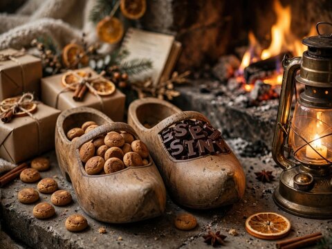 Sinterklaas Tradition. Wooden clogs with pepernoten and chocolate