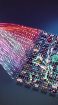 A glowing digital brain overlays rows of visual datasets while multicolored neural strands converge from the side, a cinematic vertical AI scene for cybersecurity and tech ads.