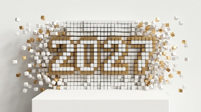 Year 2027 formed by 3D pixels and exploding cubes on white podium
