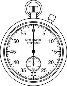 Mechanical stopwatch vector illustration, vintage analog timer with minute and second dials, classic black and white line art chronometer for sports and timing
