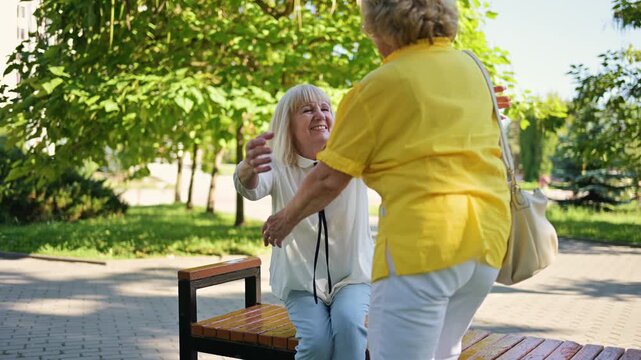 Two senior women embrace joyfully in a sunlit park surrounded by green trees and walking paths, showcasing friendship and connection in a natural setting