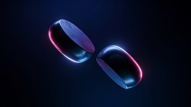 Two reflective metallic ovoid objects illuminated by blue and red light as transparent object