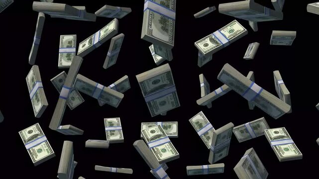 usd Dollar bills falling down from sky isolated black background close up. One hundred us banknotes flying on dark studio wall. Money floating in air view. Richness and business win success. animation