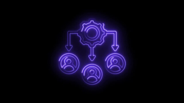 Neon glowing gear mechanism controlling team workflow and collaboration with connected user icons