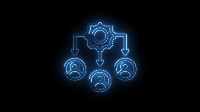 Neon blue glowing gear icon connected to three user profile icons with downward arrows