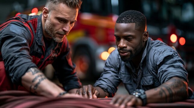 Two focused men lean over a surface with a blurred background of vehicle lights and urban elements.