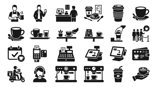 Collection of flat black coffee shop icons depicting baristas beverages and payment systems barista