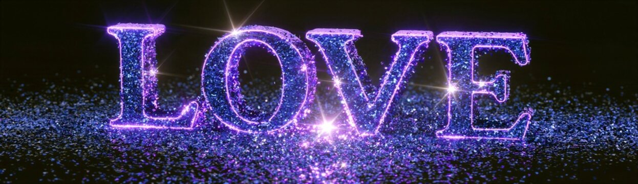 Sparkling Purple LOVE Text Made of Glitter on Black Background Banner