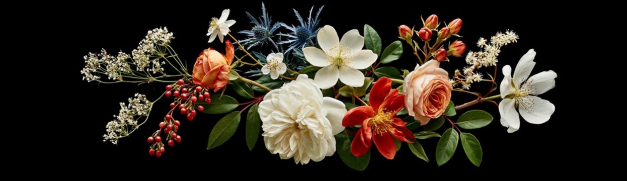 Elegant Assortment of Colorful Flowers and Greenery Isolated on Black Banner