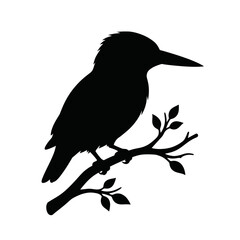 Obraz premium Perched Kingfisher Bird on Leafy Branch Silhouette Vector Icon